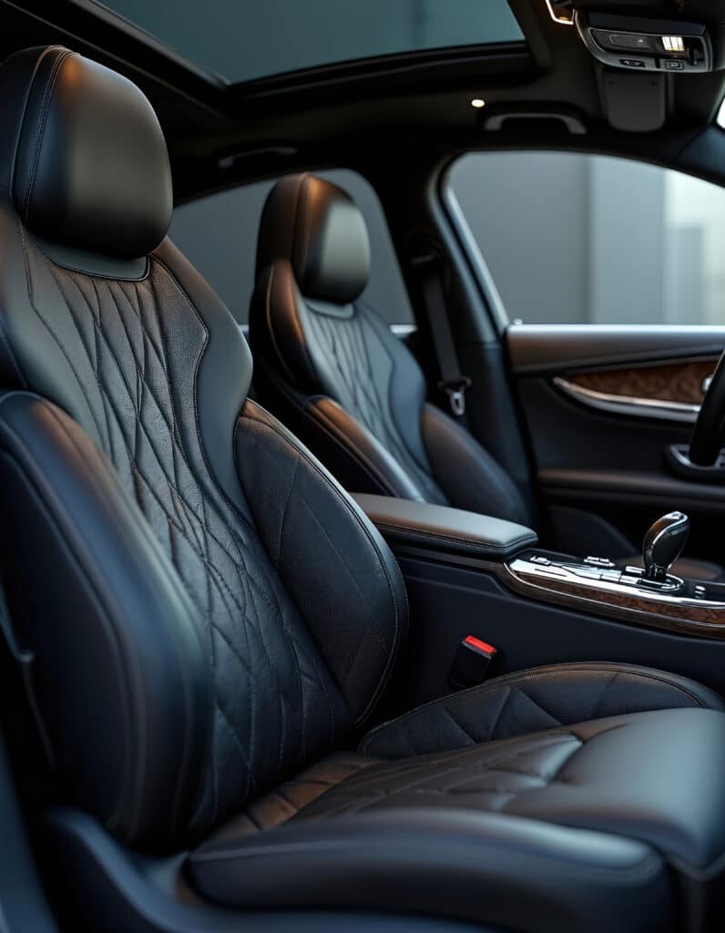 Intérieur voiture luxe moderne : Sièges cuir et design élégant Intérieur voiture luxe: sièges cuir noir matelassés, console bois/chrome, levier de vitesses. Toit ouvrant visible.