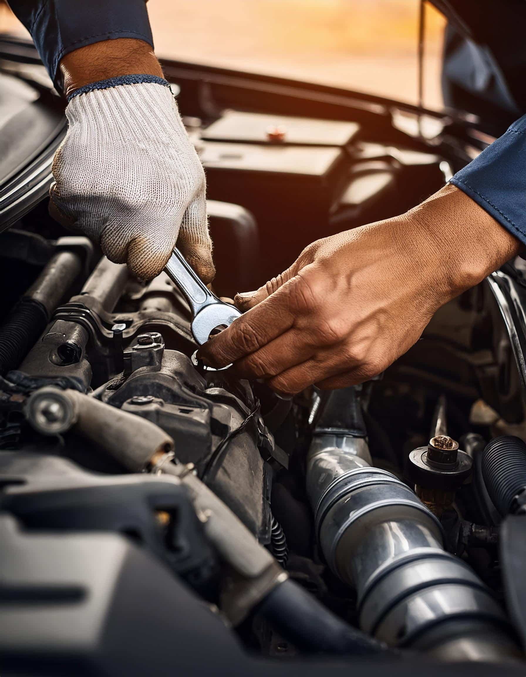 Mécanicien ganté travaillant sur un moteur de voiture avec une clé. Les mains ajustent des composants métalliques sous une lumière chaude.