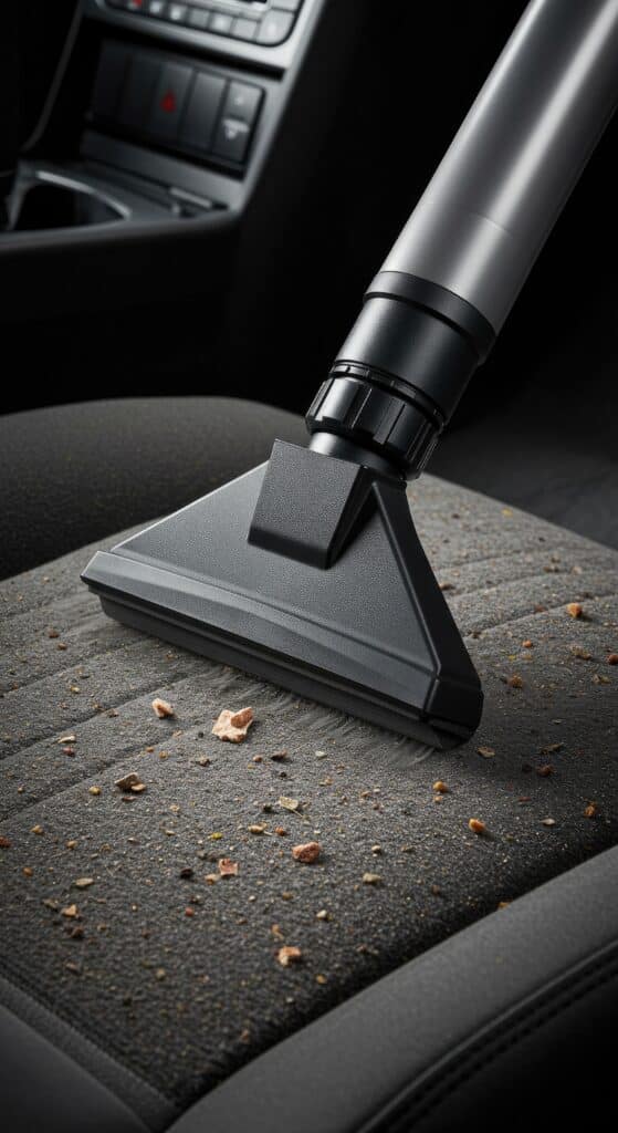 Nettoyage siège auto : Aspirez miettes et saletés facilement Aspirateur nettoyant un siège auto gris rempli de miettes et saletés. Buse noire et argentée sur tissu texturé. Intérieur de voiture.