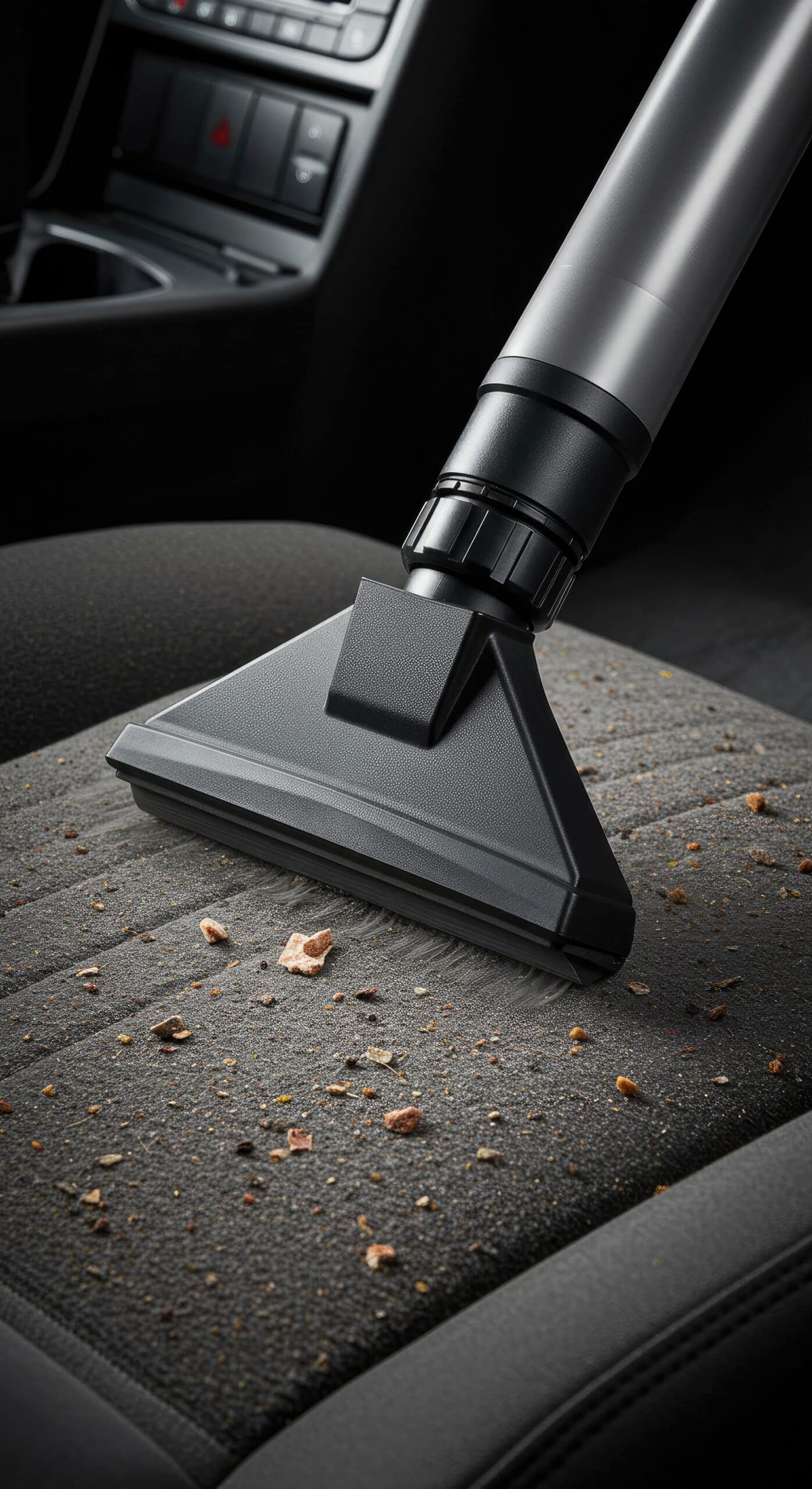 Aspirateur nettoyant un siège auto gris rempli de miettes et saletés. Buse noire et argentée sur tissu texturé. Intérieur de voiture.