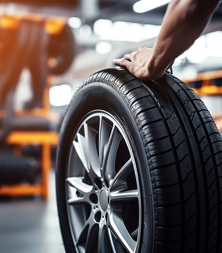 Pneus voiture : installation et entretien professionnel. Main sur un pneu de voiture neuf avec jante alu dans un atelier. Installation ou vérification de pneus.