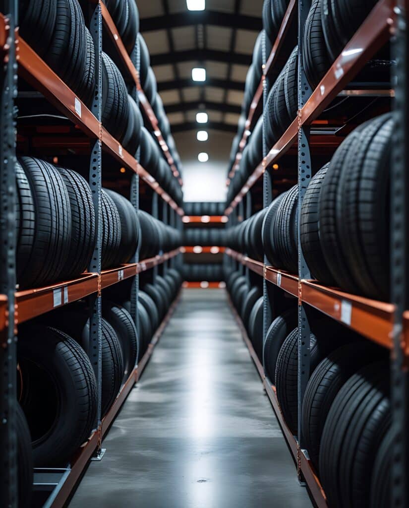 Allée de pneus neufs noirs empilés sur de hauts rayonnages métalliques orange dans un grand entrepôt éclairé, vue en perspective.