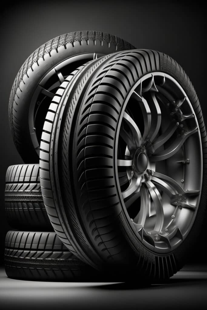 Pneus & Jantes Auto Sportives : Design et Performance Pneus de voiture noirs et jantes alliage modernes, brillants et empilés sur un fond sombre, mettant en valeur le design sportif.