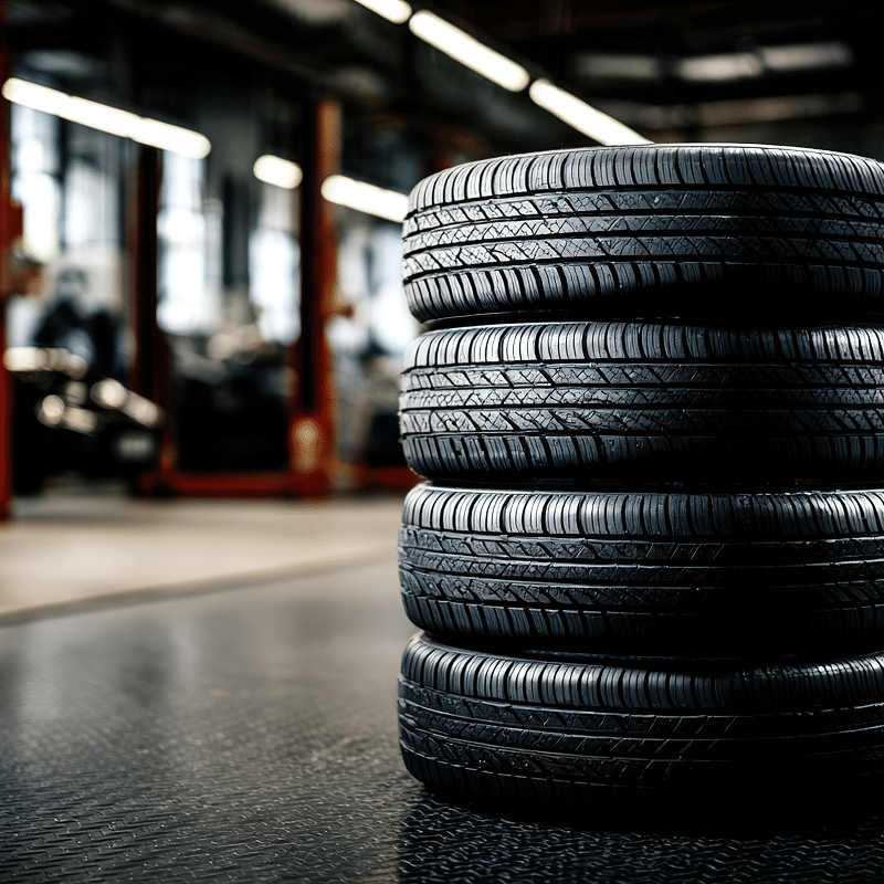 Pile de quatre pneus neufs à bande de roulement visible dans un garage automobile moderne et bien éclairé avec des ponts élévateurs.