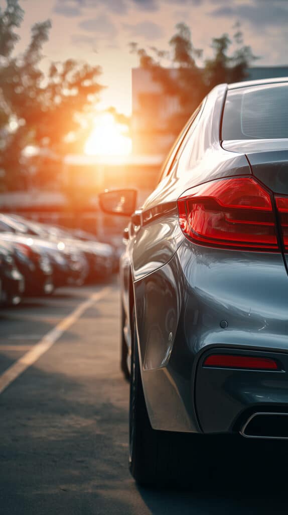 Voiture grise au coucher du soleil : Lumière dorée sur parking Arrière d'une voiture grise au coucher du soleil dans un parking. Feux arrière rouges vifs, reflets solaires. Autres voitures floues.