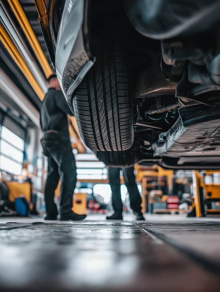 Garage auto: Entretien et réparation voiture par mécanicien. Gros plan sur le pneu d'une voiture levée en garage. Deux mécaniciens travaillent en arrière-plan flou. Entretien et réparation automobile.